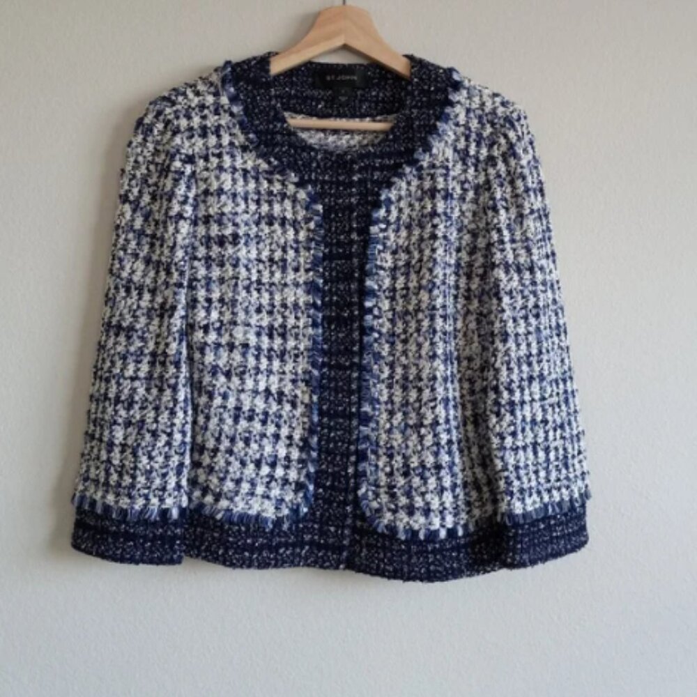 St. John Tweed Fringe Trim Cropped Jacket Midnight Blue White 10